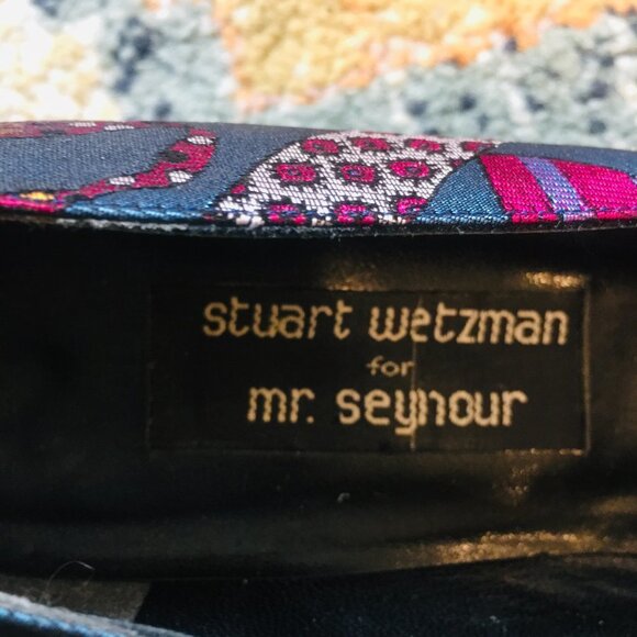 STUART WEITZMAN FOR MR. SEYMOUR Vintage Blue Silk Tie Print Suede Heels 8 AAA - Picture 13 of 14